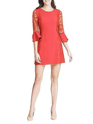 Kensie Circular Flounce Lace Sleeve Sheath Dress in Red (view 2)