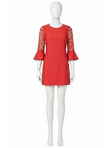 Kensie Circular Flounce Lace Sleeve Sheath Dress in Red (view 1)