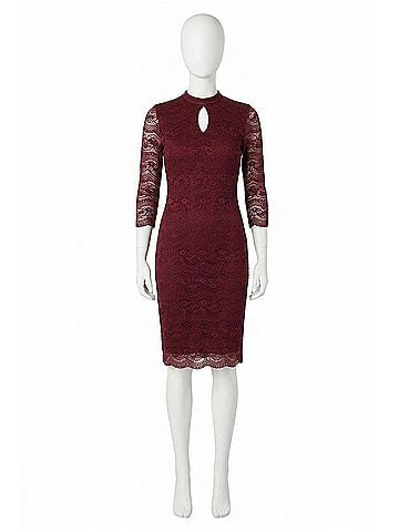 Kensie High Neck Key Hole Bodycon Floral Lace Dress in Red (view 1)