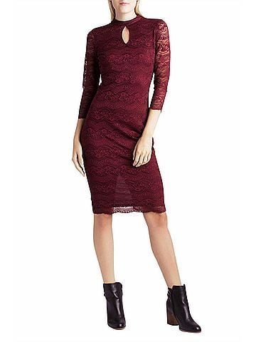 Kensie High Neck Key Hole Bodycon Floral Lace Dress in Red (view 2)