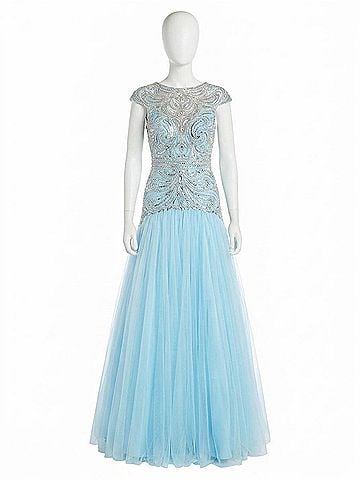 Mac Duggal Cap Sleeve Ornate Illusion Trumpet Gown in Ice Blue (view 1)