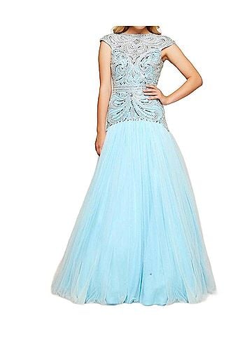 Mac Duggal Cap Sleeve Ornate Illusion Trumpet Gown in Ice Blue (view 2)