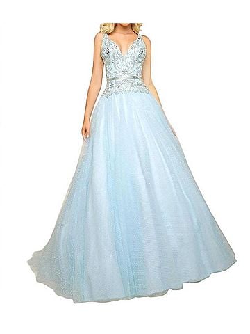 Mac Duggal Fit And Flare Ball Gown With Lace And Bead Applique in Aqua (view 2)