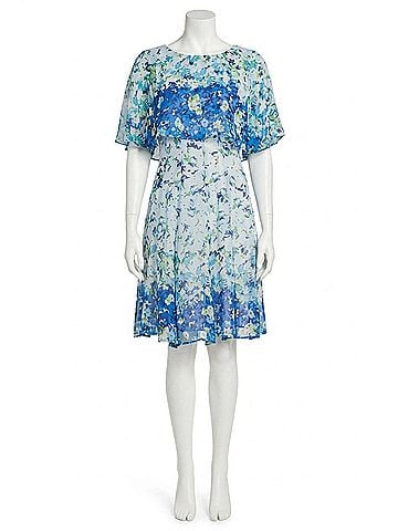 Maison Tara Floral Print Short Sleeve Cape Fit &amp; Flare Dress in Blue Green (view 1)