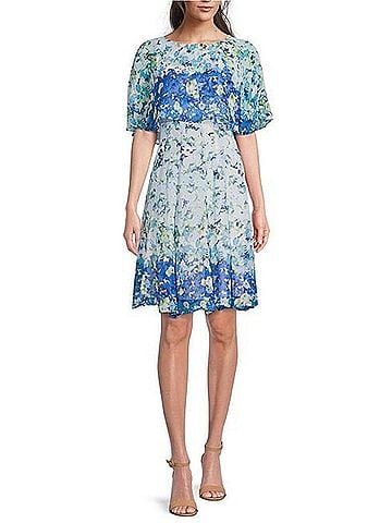 Maison Tara Floral Print Short Sleeve Cape Fit &amp; Flare Dress in Blue Green (view 2)