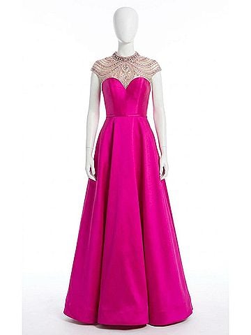 Terani Couture Jeweled Cap Sleeves Prom Dress in Fuchsia (view 1)