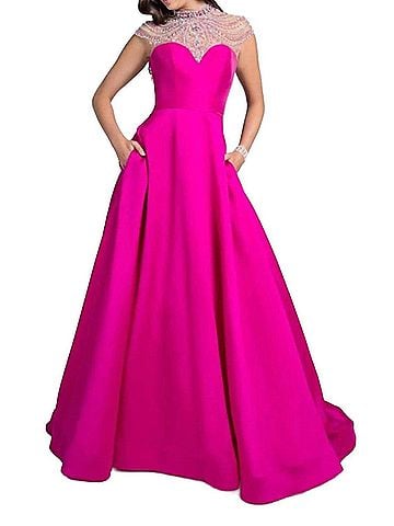 Terani Couture Jeweled Cap Sleeves Prom Dress in Fuchsia (view 2)