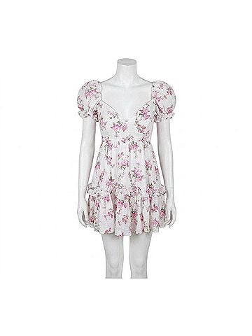 Sky To Moon Floral Puff Sleeve Open Back Dress in Soft Pink Rose (view 1)