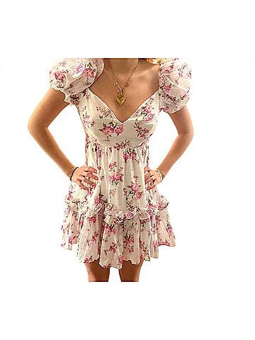 Sky To Moon Floral Puff Sleeve Open Back Dress in Soft Pink Rose (view 2)