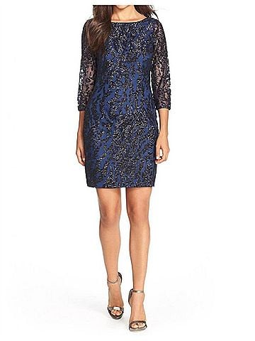 Aidan Mattox 3/4 Sleeve Sequined Dress in Black Blue (view 2)