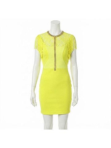 The Clothing Company Mini Embellished Fringe Lined Dress in Glam Yellow (view 1)