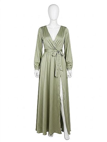 Cinderella Divine Long Sleeve Wrap Satin Gown in Sage (view 1)