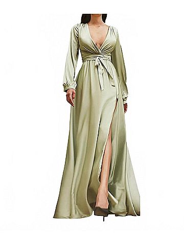 Cinderella Divine Long Sleeve Wrap Satin Gown in Sage (view 2)