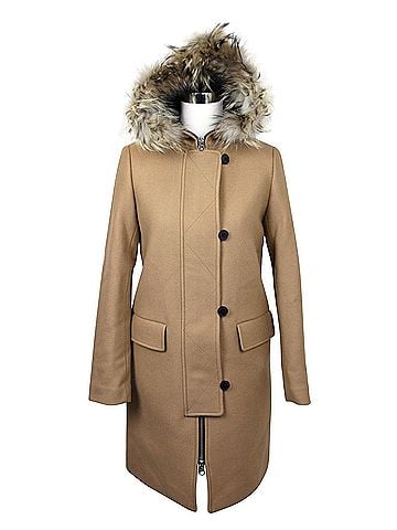 Sandro Women's Camel Kurt Wool Coat with Fur Trim Hood 4 Buttons (36) (view 2)