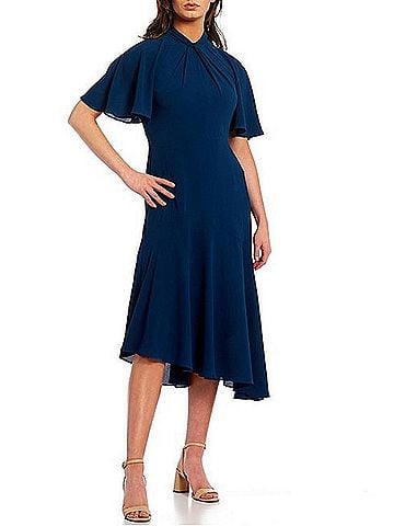 Maggy London Twist Mock Neck Flutter Sleeve Midi Dress in Dark Denim (view 2)