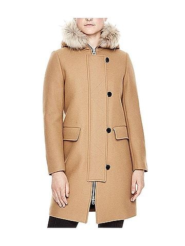 Sandro Women's Camel Kurt Wool Coat with Fur Trim Hood 4 Buttons (40) (view 1)