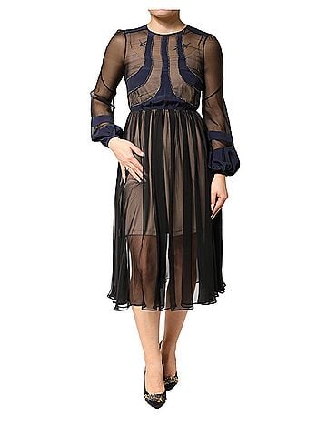 No. 21 Blue Long Sleeves Sheer Silk Sheath A-line Midi Women's Dress (view 1)