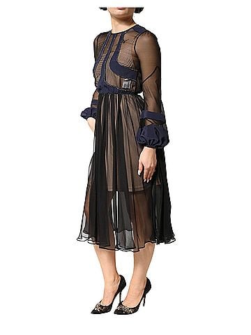 No. 21 Blue Long Sleeves Sheer Silk Sheath A-line Midi Women's Dress (view 2)