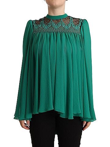 Philosophy Green Lace Polyester Long Sleeves Pleated Top Women's Blouse (view 1)