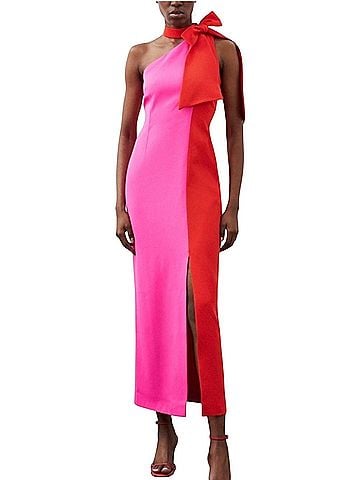 Karen Millen petite red soft tailored colour block bow tie neck Cocktail Dress (view 1)
