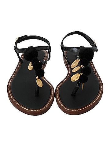 Dolce & Gabbana Black Leather Coins Flip Flops Sandals Women's Shoes (view 2)