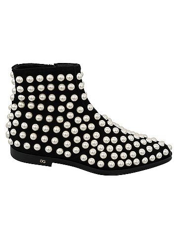 Dolce & Gabbana Black Suede Pearl Studs Boots Women's Shoes (view 1)