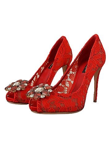 Dolce & Gabbana Red Taormina Lace Crystal Heels Women's Pumps (view 2)