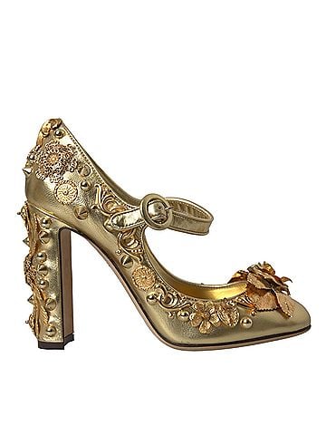 Dolce & Gabbana Gold Leather Crystal Mary Janes Pumps Women's Shoes (view 1)