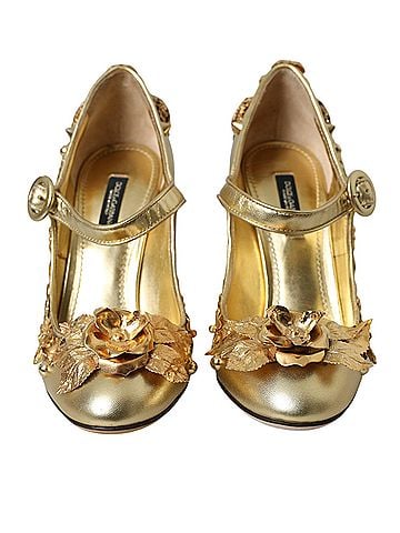 Dolce & Gabbana Gold Leather Crystal Mary Janes Pumps Women's Shoes (view 2)