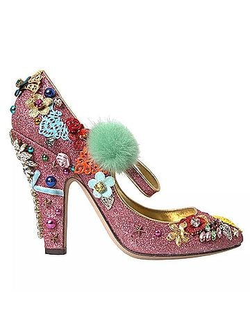 Dolce & Gabbana Pink Embellished Fur Mary Jane Pumps Women's Shoes (view 1)