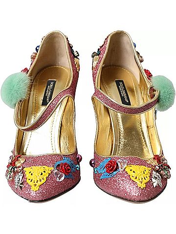 Dolce & Gabbana Pink Embellished Fur Mary Jane Pumps Women's Shoes (view 2)