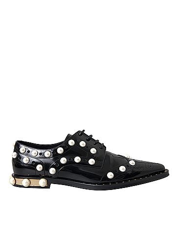 Dolce & Gabbana Black Leather Faux Pearl Dress Broque Women's Shoes (view 1)