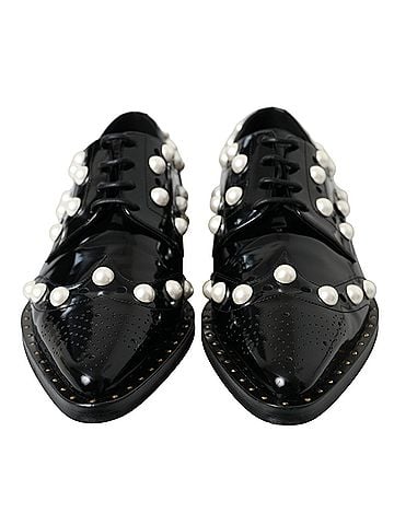 Dolce & Gabbana Black Leather Faux Pearl Dress Broque Women's Shoes (view 2)