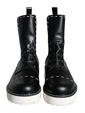 Dolce & Gabbana Black Leather Combat Mid Calf Boots Women's Shoes (view 2)