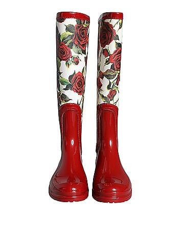 Dolce & Gabbana Red Floral Rubber Knee High Flat Boots Women's Shoes (view 2)
