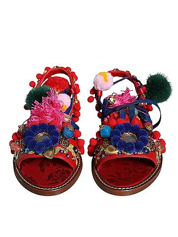 Dolce & Gabbana Multicolor Pom Pom Fur Wrap Sandals Women's Shoes (view 2)