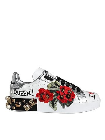 Dolce & Gabbana White Leather Floral Studded Sneakers Women's Shoes (view 1)