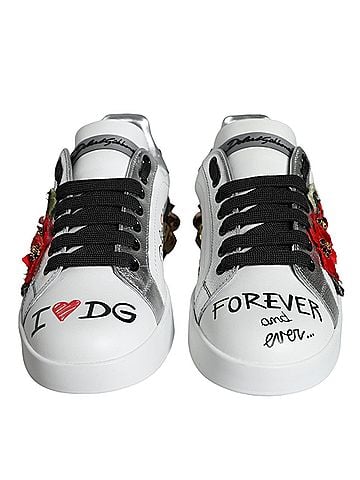 Dolce & Gabbana White Leather Floral Studded Sneakers Women's Shoes (view 2)