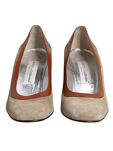 Dolce & Gabbana Beige Brown Leather Block Heels Pumps Women's Shoes (view 2)