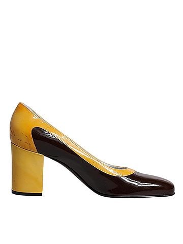 Dolce & Gabbana Yellow Brown Leather Block Heel Pumps Women's Shoes (view 1)