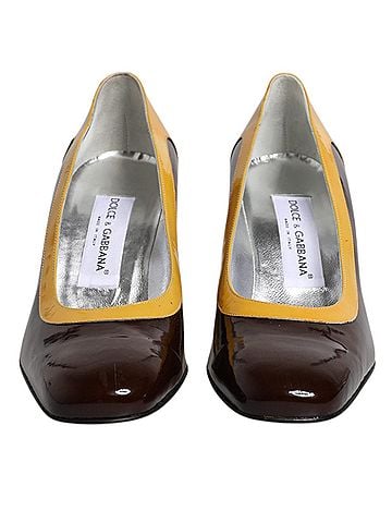 Dolce & Gabbana Yellow Brown Leather Block Heel Pumps Women's Shoes (view 2)