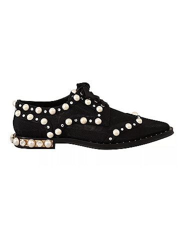 Dolce & Gabbana Black Lace Up Jewelled Formal Flats Women's Shoes (view 1)