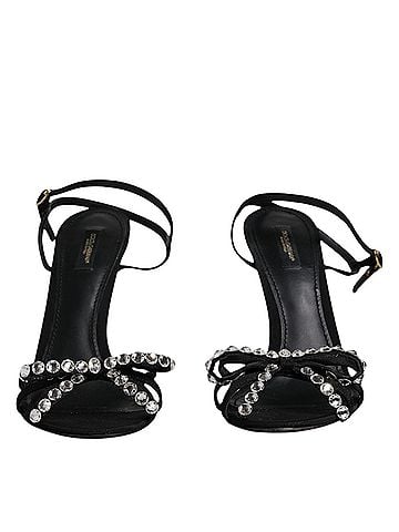 Dolce & Gabbana Black Leather Crystal Heels Sandals Women's Shoes (view 2)