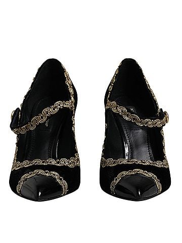 Dolce & Gabbana Black Velvet Gold Mary Janes Pumps Women's Shoes (view 2)