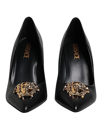 Versace Black Leather Logo Plaque High Heels Pumps Women's Shoes (view 2)