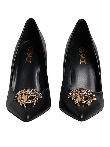 Versace Black Leather Logo Plaque High Heels Pumps Women's Shoes (view 2)
