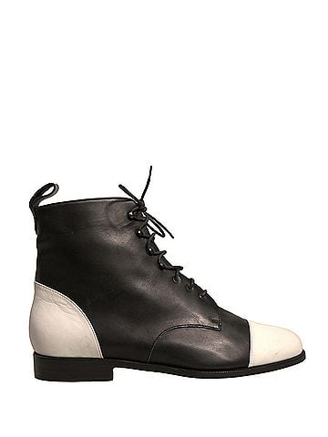 Sergio Rossi Black White Leather Lace Up Flats Ankle Boots Women's Shoes (view 1)