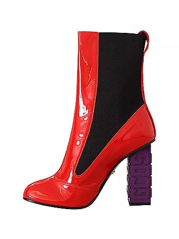 GCDS Red Leather Black Fabric Logo Heel Ankle Boots Women's Shoes (view 2)