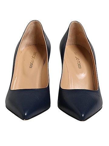 Sergio Rossi Blue Leather Pointed Toe Block Heels Women's Shoes (view 2)