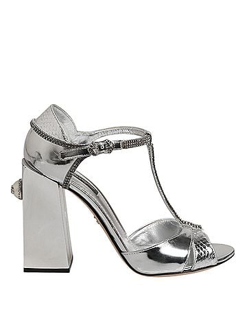 Dolce & Gabbana Silver Leather T-strap Heels Sandals Women's Shoes (view 1)